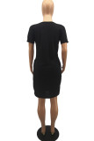 Pink Fashion Casual Print Basic V Neck Short Sleeve Dress