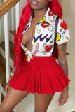 Red Casual Street Print Patchwork Buckle Turndown Collar Short Sleeve Two Pieces