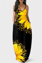 Yellow Fashion Sexy Print Backless Spaghetti Strap Long Dress