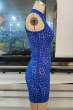 Blue Sexy Solid Hollowed Out Patchwork O Neck Regular Rompers