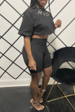 Grey Casual Solid Patchwork Hot Drill O Neck Half Sleeve Two Pieces