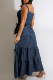 Dark Blue Sexy Casual Solid Backless Spaghetti Strap Long Dress