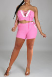 Pink Fashion Sexy Solid Bandage Patchwork Backless Strapless Sleeveless Two Pieces