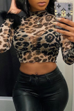 Leopard Print Sexy Leopard Beading Half A Turtleneck Tops