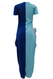 Sky Blue Fashion Casual Print Split Joint Asymmetrical O Neck Short Sleeve Dress