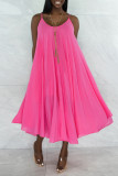 Rose Red Sexy Casual Solid Backless O Neck Sling Dress