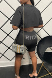 Grey Casual Solid Patchwork Hot Drill O Neck Half Sleeve Two Pieces