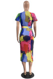 Multicolor Fashion Casual Print Tie Dye With Belt V Neck Short Sleeve Dress