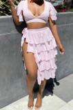 Pink Fashion Sexy Solid Bandage Patchwork Slit V Neck Short Sleeve Two Pieces