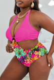 Pink Fashion Sexy Print Patchwork Backless Halter Plus Size Swimwear (With Paddings)
