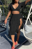 Black Sexy Solid Patchwork Flounce V Neck Short Sleeve Two Pieces