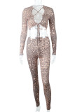 Khaki Sexy Print Bandage Hollowed Out Patchwork Asymmetrical Collar Long Sleeve Two Pieces