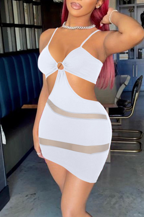 White Sexy Solid Patchwork See-through Asymmetrical Spaghetti Strap Pencil Skirt Dresses