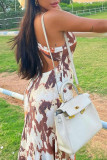 Light Brown Sexy Print Patchwork Backless Spaghetti Strap Straight Dresses