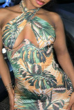 Green Sexy Print Hollowed Out Patchwork Backless Halter Pencil Skirt Dresses