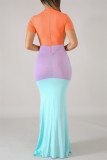 Orange Fashion Casual Solid Patchwork O Neck Short Sleeve Dress Dresses