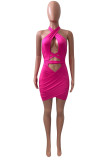 Rose Red Fashion Sexy Solid Hollowed Out Backless Halter Sleeveless Dress