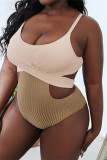 Apricot Sexy Solid Split Joint Backless Spaghetti Strap Plus Size Swimwear (With Paddings)