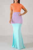 Orange Fashion Casual Solid Patchwork O Neck Short Sleeve Dress Dresses