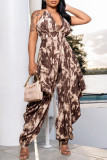 Coffee Fashion Sexy Print Backless Halter Regular Jumpsuits