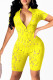 Yellow Fashion Sexy Solid Ripped Hollowed Out Zipper Collar Skinny Romper