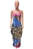 Multicolor Fashion Sexy Print Backless Spaghetti Strap Long Dress Dresses