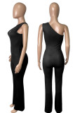 Blue Casual Solid Patchwork Zipper Oblique Collar Straight Jumpsuits