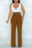 Red Fashion Casual Solid Basic Regular High Waist Trousers