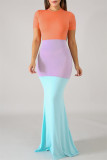 Orange Fashion Casual Solid Patchwork O Neck Short Sleeve Dress Dresses