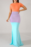 Orange Fashion Casual Solid Patchwork O Neck Short Sleeve Dress Dresses