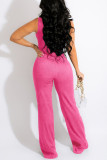 Blue Casual Solid Patchwork Zipper Oblique Collar Straight Jumpsuits