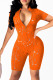Orange Fashion Sexy Solid Ripped Hollowed Out Zipper Collar Skinny Romper