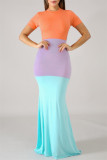 Orange Fashion Casual Solid Patchwork O Neck Short Sleeve Dress Dresses