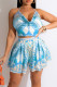 Blue Fashion Print Backless Strap Design Halter Sleeveless Two Pieces