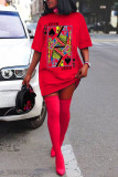 Black Red Fashion Casual Print Basic O Neck Short Sleeve Dress