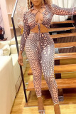 Khaki Sexy Print Bandage Hollowed Out Patchwork Asymmetrical Collar Long Sleeve Two Pieces