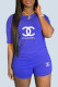 Royal Blue Fashion Casual Print Letter O Neck Short Sleeve Two Pieces