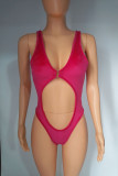 Rose Red Sexy Solid Hollowed Out Patchwork Fold U Neck Sleeveless Two Pieces