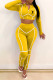 Yellow Fashion Casual Print Patchwork Hooded Collar Long Sleeve Two Pieces