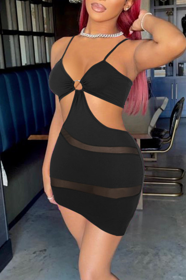 Black Sexy Solid Patchwork See-through Asymmetrical Spaghetti Strap Pencil Skirt Dresses