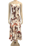 Light Brown Sexy Print Patchwork Backless Spaghetti Strap Straight Dresses
