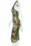 Green Sexy Print Hollowed Out Patchwork Backless Halter Pencil Skirt Dresses