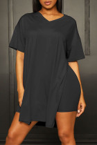 Black Fashion Casual Solid Slit V Neck Short Sleeve Two Pieces