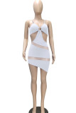 Blue Sexy Solid Patchwork See-through Asymmetrical Spaghetti Strap Pencil Skirt Dresses