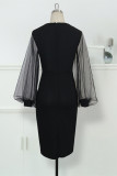 Black Fashion Casual Solid Patchwork O Neck Long Sleeve Dresses (Without Belt)