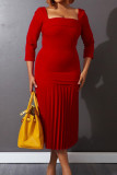 Red Elegant Solid Patchwork Fold Square Collar Straight Dresses