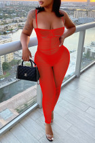 Red Fashion Sexy Solid Hollowed Out See-through Backless Spaghetti Strap Skinny Jumpsuits