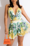 Yellow Fashion Print Backless Strap Design Halter Sleeveless Two Pieces