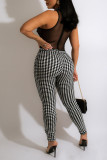 Black White Sexy Print Split Joint See-through O Neck Regular Jumpsuits