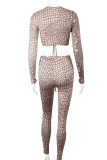 Khaki Sexy Print Bandage Hollowed Out Patchwork Asymmetrical Collar Long Sleeve Two Pieces